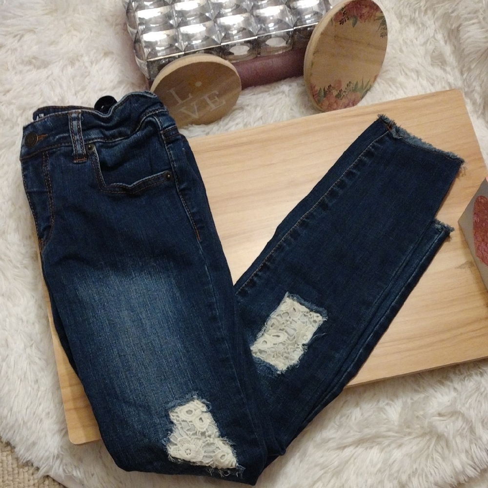 Cat & Jack Dark Denim Jeggings with Distressed Eyelet Detail Size 10